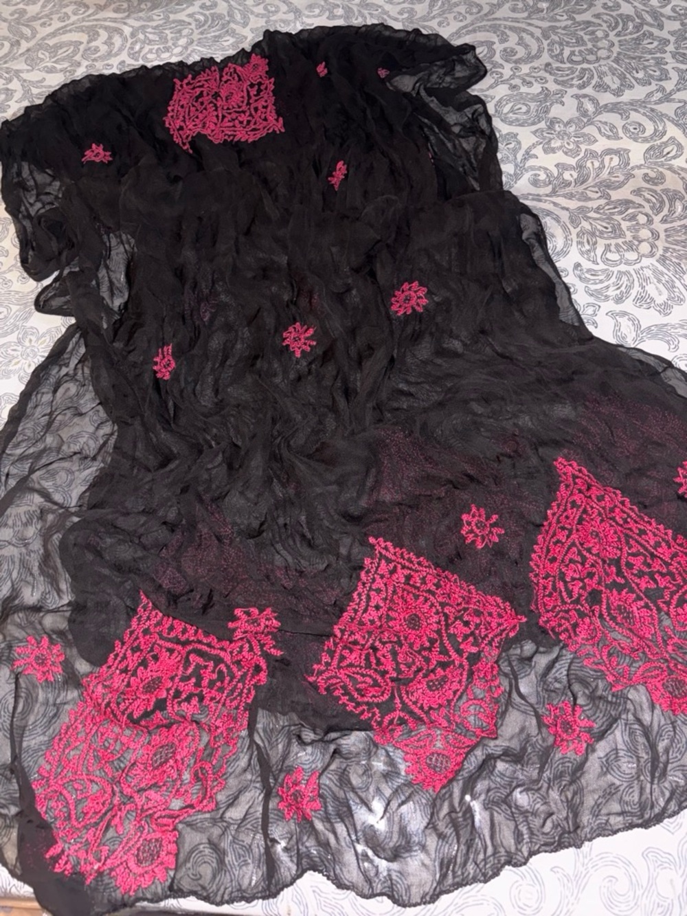 Women's Black & Red Chiffon Rectangle Scarf, Embroidered Floral Polyester 9’x3’